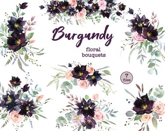 Burgundy floral bouquets, Floral clipart, Boho burgundy clipart, Watercolor pink and burgundy bouquets. Wedding Clipart. Floral garland.