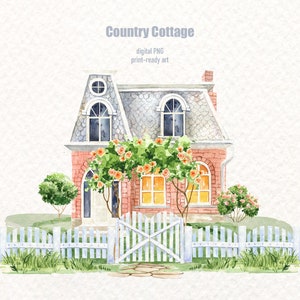 Summer Cottage Clipart Watercolor, Farmhouse buildings cottage, print-ready cottage illustration, Spring rustic cozy house Landscape,Planner