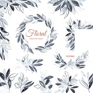Clipart di bouquet e ghirlande floreali boho blu polvere. PNG con elementi floreali lineari blu. Clipart di elementi floreali ad acquerello, fiori lineari in PNG.