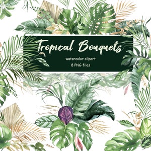 Tropical Greenery Watercolor Clipart. Tropical Bouquets. Tropical Wedding Clipart. Monstera and Palm leaves PNG Clipart. Botanical Art