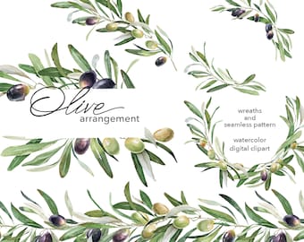 Watercolor Greenery Frames. Watercolor Olive Frame. Olive branches, leaves. Seamless pattern. Botanical Olive Clipart. Olive greenery border