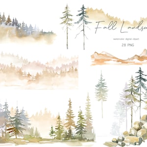 Watercolor fall mountain clipart, mountain landscape, watercolor forest background, woodland pine trees landscapes, watercolor forest