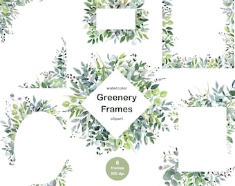 Watercolor greenery frames, borders frame, clipart, green plants, green foliage leaves wreath clipart, wedding frame