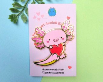 Kawaii Axolotl Enamel Pins | Red Heart Axolotl Pins | Cute Salamander Badge