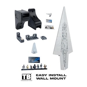May include: A grey triangular starship model, black plastic wall mount brackets labeled 75457-L and 75457-U, small grey components, a display stand with six miniature figures, and a plaque. Text reads: TB TECHNICALLY BUILT EASY INSTALL WALL MOUNT.