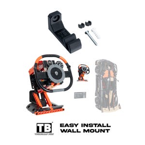 Puede incluir: Un soporte de pared de plástico negro para un volante de juguete, que incluye dos clips negros pequeños, un tornillo de metal y un taco de pared blanco. El soporte está diseñado para un volante de color naranja y negro estilo Technic.