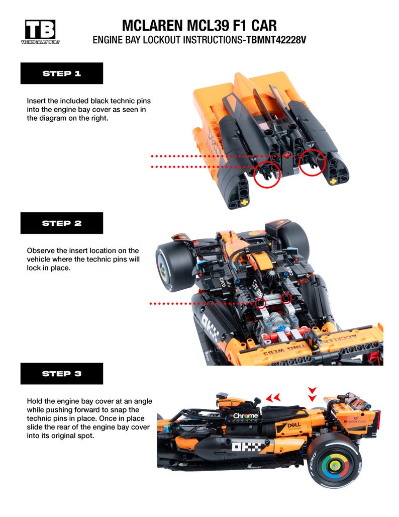 May include: Instructional guide for a McLaren MCL39 F1 car engine bay lockout, model TBMNT42228V. The document features three steps with diagrams showing the assembly of black technic pins into an orange and black vehicle component and chassis.