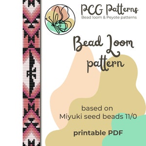 May include: A printable bead loom pattern for a pink and black geometric design. The pattern is based on Miyuki seed beads size 11/0. The pattern is from PCG Patterns, which also offers Peyote patterns.