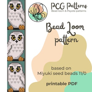 May include: A bead loom pattern for a white owl with orange feet and yellow eyes. The pattern is based on Miyuki seed beads 11/0 and is available as a printable PDF. PCG Patterns Bead loom & Peyote patterns.