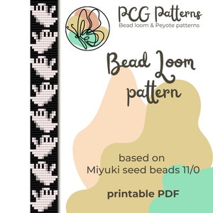Könnte beinhalten: Ein druckbares Perlenwebmuster für ein Geisterdesign. Das Muster basiert auf Miyuki-Samenperlen der Größe 11/0. Das Muster ist schwarz-weiß mit rosa Hintergrund.
