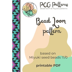 Puede incluir: Un patrón de telar de cuentas imprimible para un brazalete colorido con cuentas turquesa, rosa, morado y negro. El patrón se basa en cuentas de semillas Miyuki tamaño 11/0. PCG Patterns Bead loom & Peyote patterns.