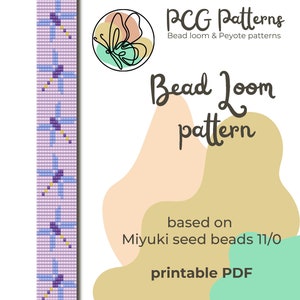 May include: A printable bead loom pattern featuring a geometric design with purple, blue, and yellow beads. The pattern is based on Miyuki seed beads size 11/0. The image includes the text "PCG Patterns Bead loom & Peyote patterns Bead Loom pattern based on Miyuki seed beads 11/0 printable PDF".