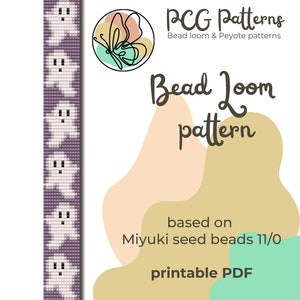 Könnte beinhalten: Ein druckbares Perlenwebmuster für ein Geisterdesign. Das Muster basiert auf Miyuki-Perlen der Größe 11/0. Das Muster ist auf einem violetten Hintergrund mit fünf weißen Geistern dargestellt.