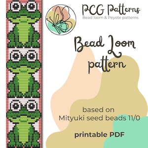 Puede incluir: Un patrón de telar de cuentas para una rana verde, con tres filas del patrón mostradas. El patrón se basa en cuentas de semillas Miyuki 11/0 y está disponible como PDF imprimible. La imagen también incluye el texto "PCG Patterns Bead loom & Peyote patterns Bead Loom pattern".