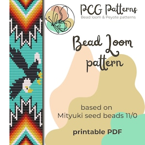 May include: A bead loom pattern for a bracelet featuring a black and white eagle design on a turquoise background. The pattern is based on Miyuki seed beads 11/0 and is available as a printable PDF.