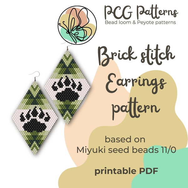Bear paw forest native brick stitch earrings pattern - PDF instant download