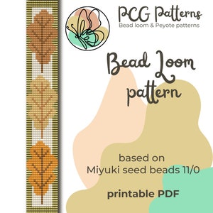 May include: A printable bead loom pattern featuring three stylized leaves in shades of brown, orange, and yellow. The pattern is based on Miyuki seed beads size 11/0. The pattern is titled "Bead Loom pattern" and is from PCG Patterns.