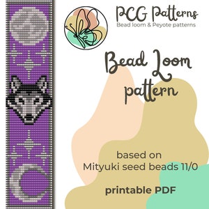 May include: A printable bead loom pattern featuring a wolf's head with a crescent moon and stars. The pattern is based on Miyuki seed beads 11/0. PCG Patterns Bead loom & Peyote patterns.
