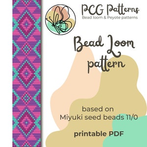 May include: A bead loom pattern for a pink and purple geometric design. The pattern is based on Miyuki seed beads size 11/0 and is available as a printable PDF. The pattern is from PCG Patterns, which also offers Peyote patterns.