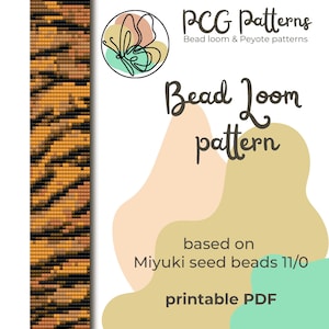 May include: A digital PDF pattern for bead loom projects. The design features a tiger stripe pattern in shades of brown, tan, and black. The text on the image reads "PCG Patterns Bead loom & Peyote patterns" and "Bead Loom pattern" based on Miyuki seed beads 11/0.
