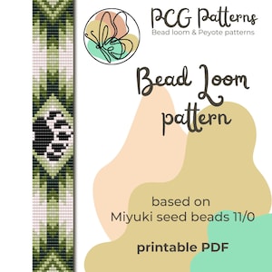 Puede incluir: Un patrón de telar de cuentas para un brazalete con un diseño geométrico en blanco y negro. El patrón se basa en cuentas de semillas Miyuki 11/0 y está disponible como un PDF imprimible.