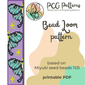 May include: A printable bead loom pattern featuring three butterflies with teal and white wings on a purple background with yellow stars. The pattern is based on Miyuki seed beads size 11/0.