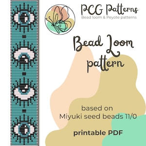 Puede incluir: Un patrón de telar de cuentas con tres ojos estilizados con pupilas negras, escleróticas blancas e iris azules. El patrón está diseñado para usarse con cuentas de semillas Miyuki tamaño 11/0. El patrón está disponible como un PDF imprimible.