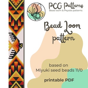 Puede incluir: Un patrón de telar de cuentas con un diseño colorido con cuentas naranjas, amarillas y negras. El patrón se basa en cuentas de semillas Miyuki 11/0 y está disponible como PDF imprimible.