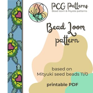 May include: A printable bead loom pattern featuring a design of two turtles with hearts on their shells. The pattern is based on Miyuki seed beads size 11/0. The pattern is for a bead loom bracelet.