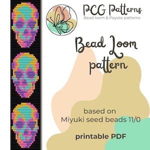 Puede incluir: Un patrón de telar de cuentas imprimible con tres diseños de calaveras coloridas. El patrón está basado en cuentas de semillas Miyuki tamaño 11/0.