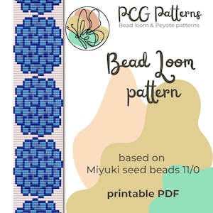 Puede incluir: Un patrón de telar de cuentas para un brazalete con un diseño repetitivo de círculos azules y morados. El patrón está basado en cuentas de semillas Miyuki tamaño 11/0 y está disponible como PDF imprimible.