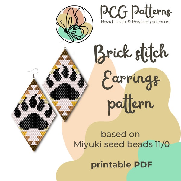 Bear paw wood native brick stitch earrings pattern - PDF instant download