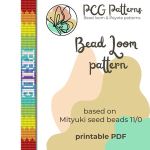 May include: A printable bead loom pattern for a rainbow-colored bracelet. The pattern is based on Miyuki seed beads size 11/0. The pattern is designed by PCG Patterns.