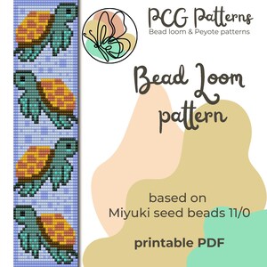May include: A printable bead loom pattern for a turtle design. The pattern is based on Miyuki seed beads size 11/0. The pattern is shown with four turtles in a row, each with a blue body, yellow and orange shell, and turquoise legs.