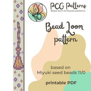 May include: A printable bead loom pattern for a broom, based on Miyuki seed beads 11/0. The pattern is illustrated with a colorful beaded broom design.