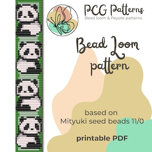 May include: A printable bead loom pattern featuring a stack of four panda bears. The pattern is based on Miyuki seed beads 11/0. The pattern is green and white with black accents. The pattern is from PCG Patterns, which also creates peyote patterns.