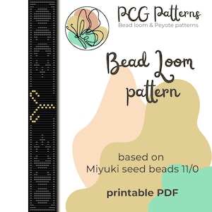 May include: A black and gold bead loom pattern for a butterfly design. The pattern is based on Miyuki seed beads size 11/0 and is available as a printable PDF. The pattern is from PCG Patterns, which also offers Peyote patterns.