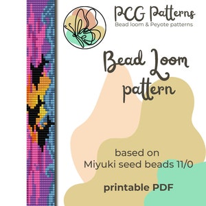 Könnte beinhalten: Ein Perlenwebmuster für ein farbenfrohes Armband mit einem schwarzen, orangefarbenen, gelben, rosa und blauen Design. Das Muster basiert auf Miyuki-Perlen 11/0 und ist als druckbares PDF verfügbar.