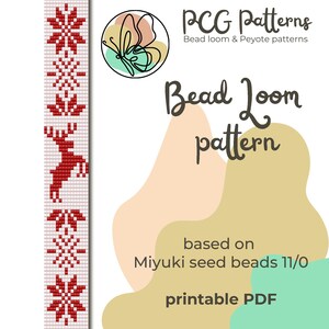 May include: A printable bead loom pattern featuring a red reindeer and snowflake design. The pattern is based on Miyuki seed beads size 11/0. The pattern is available as a PDF download.