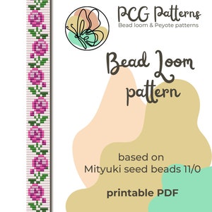 May include: A printable bead loom pattern featuring a floral design with pink roses and green leaves. The pattern is based on Miyuki seed beads size 11/0. The pattern is available as a printable PDF.