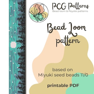 Könnte beinhalten: Ein druckbares Perlenwebmuster für ein Armband in Teal- und Schwarz-Farben. Das Muster basiert auf Miyuki-Perlen der Größe 11/0. Das Muster stammt von PCG Patterns, die auch Peyote-Muster anbieten.