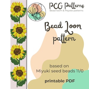 May include: A bead loom pattern featuring three sunflowers with green leaves. The pattern is based on Miyuki seed beads size 11/0. The pattern is printable and available as a PDF.