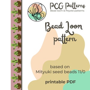 May include: A bead loom pattern for a pink and green beaded design with a butterfly graphic. The pattern is based on Miyuki seed beads 11/0 and is available as a printable PDF. PCG Patterns Bead loom & Peyote patterns.
