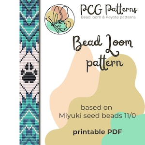 May include: A printable bead loom pattern featuring a paw print design. The pattern is based on Miyuki seed beads size 11/0. The pattern is for a bracelet or necklace.