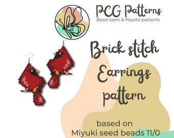 Red cardinal bird brick stitch earrings pattern - PDF instant download