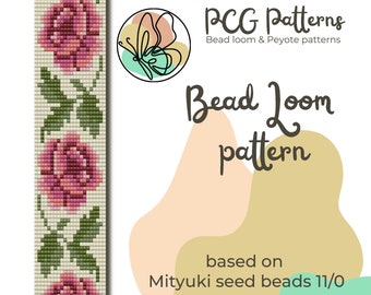 May include: A digital bead loom pattern featuring a floral design with pink and red roses and green leaves. The pattern is based on Miyuki seed beads 11/0 and is available as a printable PDF. The image also includes the text "PCG Patterns" and "Bead Loom pattern".