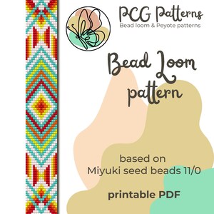 Może przedstawiać: Wzór do krosna tkackiego z pionowym paskiem geometrycznych rombów w kolorach czerwonym, pomarańczowym, żółtym i turkusowym. Tekst brzmi PCG Patterns Bead loom & Peyote patterns, Bead loom pattern, based on Miyuki seed beads 11/0, printable PDF.