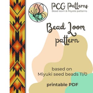 May include: A printable PDF bead loom pattern by PCG Patterns featuring a vertical strip of geometric shapes in yellow, orange, red, and black. The text reads PCG Patterns Bead loom & Peyote patterns, Bead loom pattern, based on Miyuki seed beads 11/0.