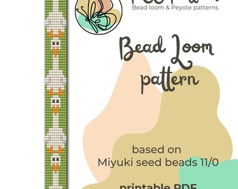 Può includere: Un modello per telaio per perline con un motivo ripetuto di oche bianche con becchi e zampe arancioni su sfondo verde. L'immagine include il testo "PCG Patterns" e "Bead loom & Peyote patterns". Il modello è basato su perline Miyuki 11/0 ed è un PDF stampabile.