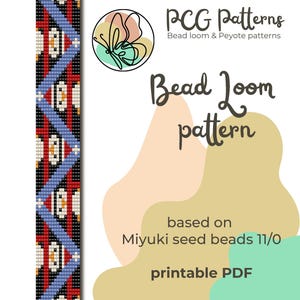 May include: A printable PDF bead loom pattern by PCG Patterns. The design features a colorful pattern with red, white, blue, and black beads. The text on the image says "Bead Loom pattern" and "based on Miyuki seed beads 11/0".